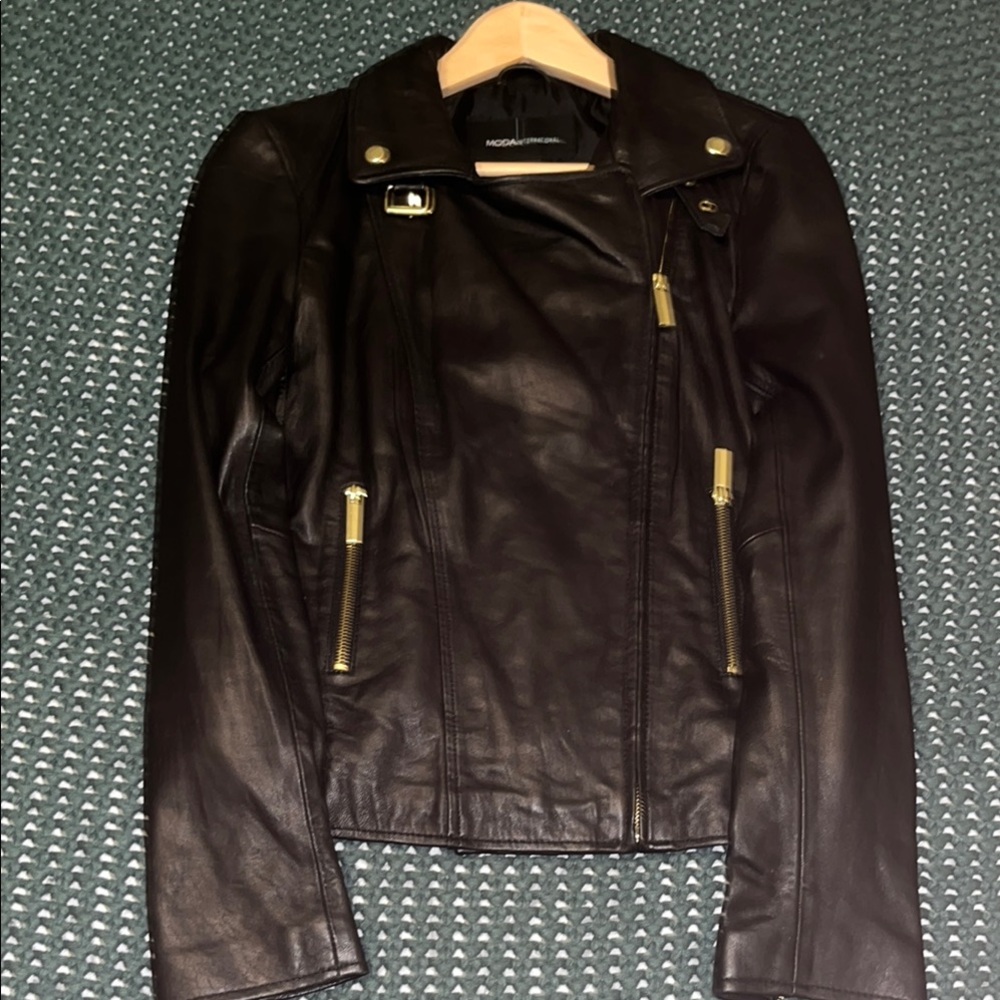 Vintage Y2K Moda International Leather Jacket with Gold Accents